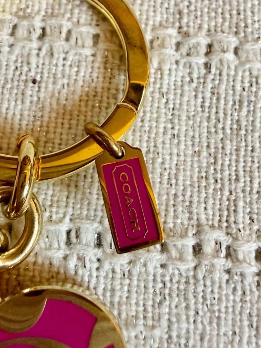 COACH Gold-Tone Keyring with Pink Heart Signature Charm - Picture 2 of 3